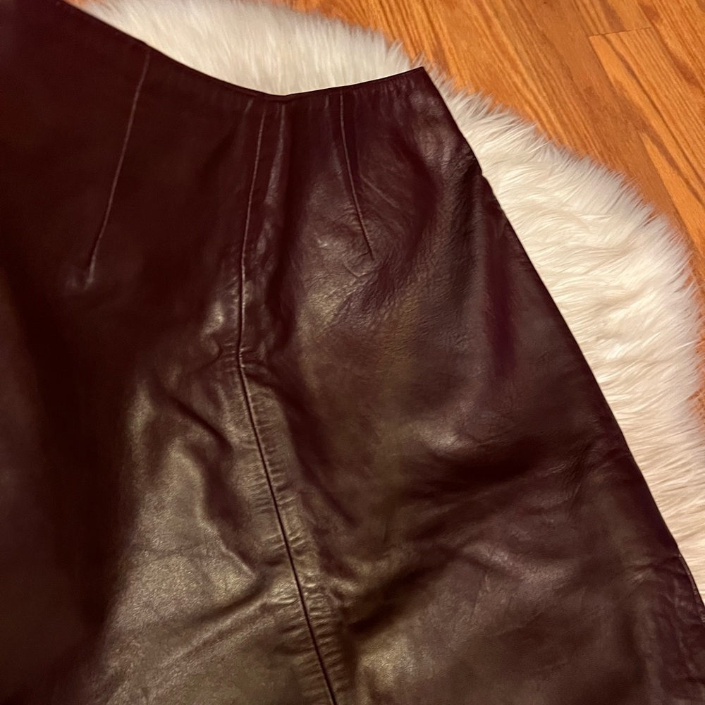 CACHE Oxblood Burgundy Leather Asymmetric Midi Slit Skirt 90s Deadstock - Picture 8 of 13